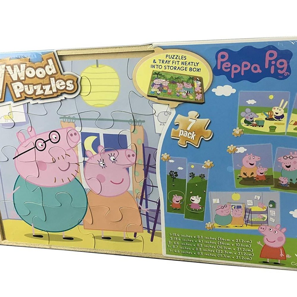 Peppa Pig 7 Wood Puzzles In Wooden Storage Box